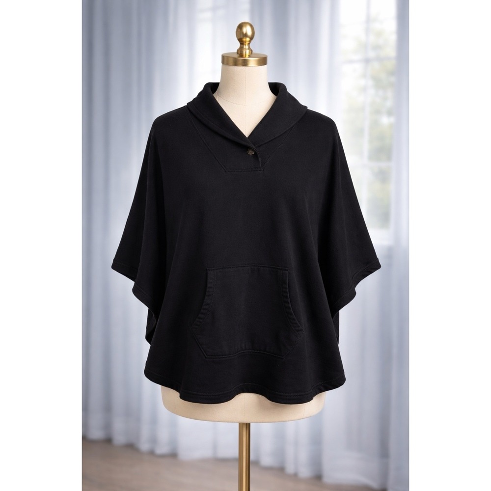 Lauren Ralph Lauren Cape Poncho Soft Cotton Knit Black Pocket Shawl Collar M / L